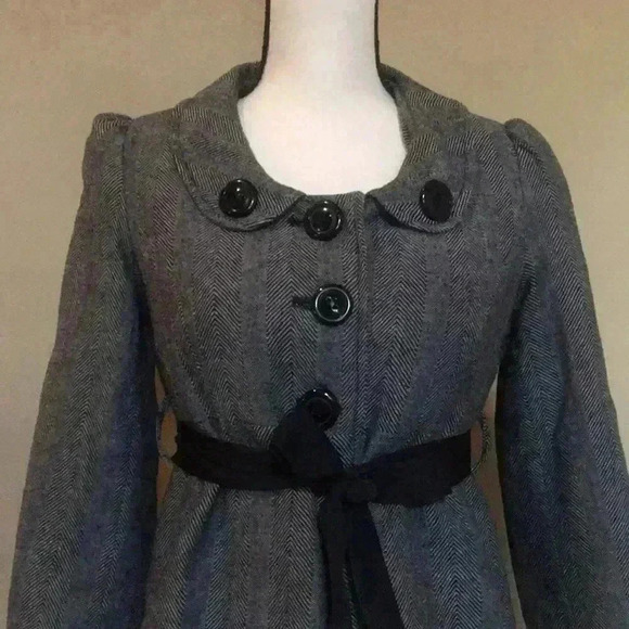 Womens Blazer Pea Vintage Looking Wool‎ Herringbone Belted Feminine Buttons M - Picture 2 of 13